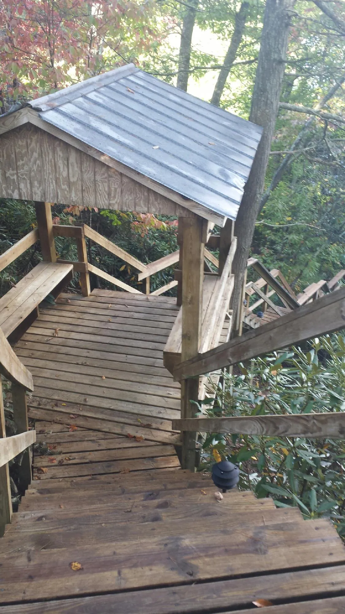 Metal roofed shelter over wooden steps on a wooded walkway — Skylight Repair & Installation work by our crew in Bowers